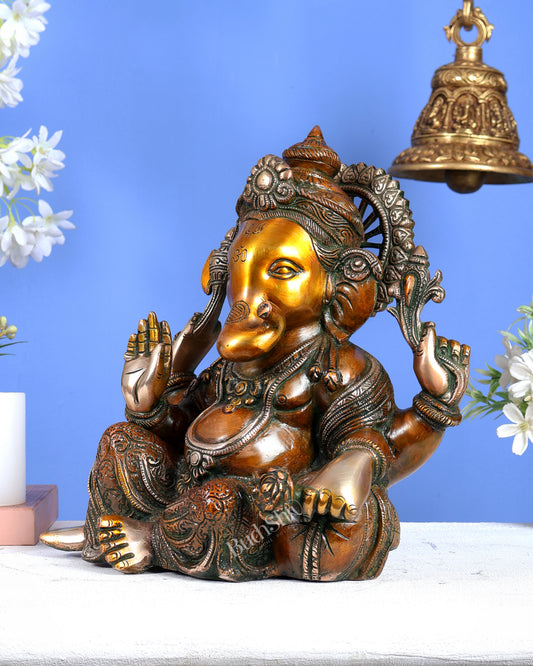 Brass Resting Ganesha Statue – Unique Relaxed Pose Divine Sculpture (11 Inches) Chola brown tone
