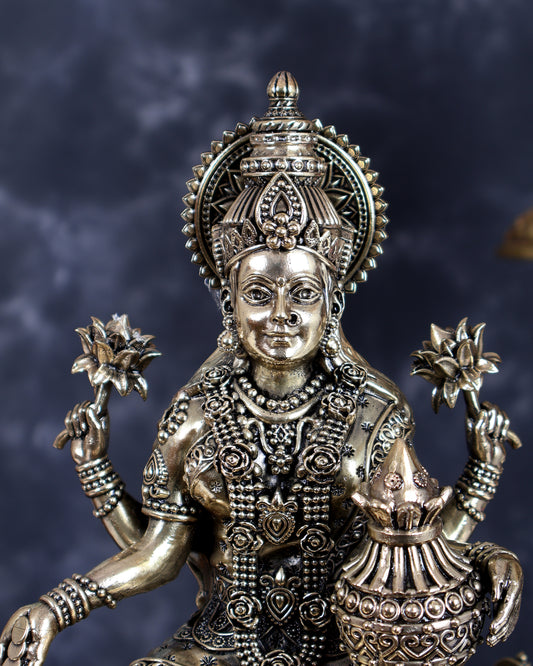 Brass Superfine Mahalakshmi with Ashtalakshmi Idols on Teak Wood Base with Hanging Bells – Divine Prosperity Ensemble (15 Inches)