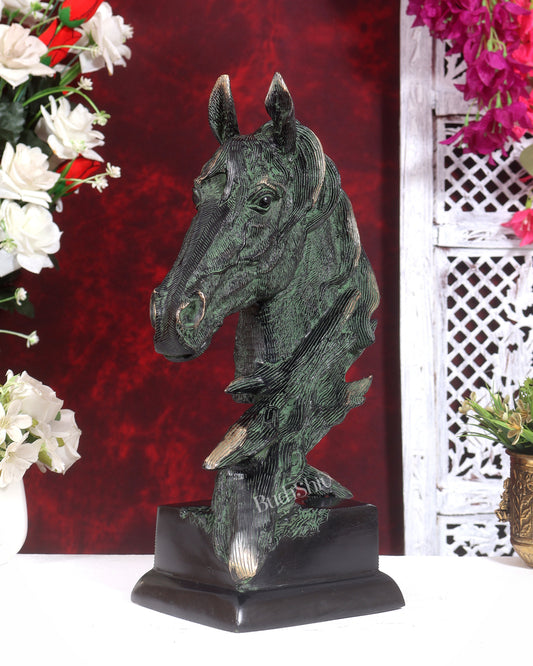 Brass Horse Face Decorative Showpiece (15 Inch) black and green