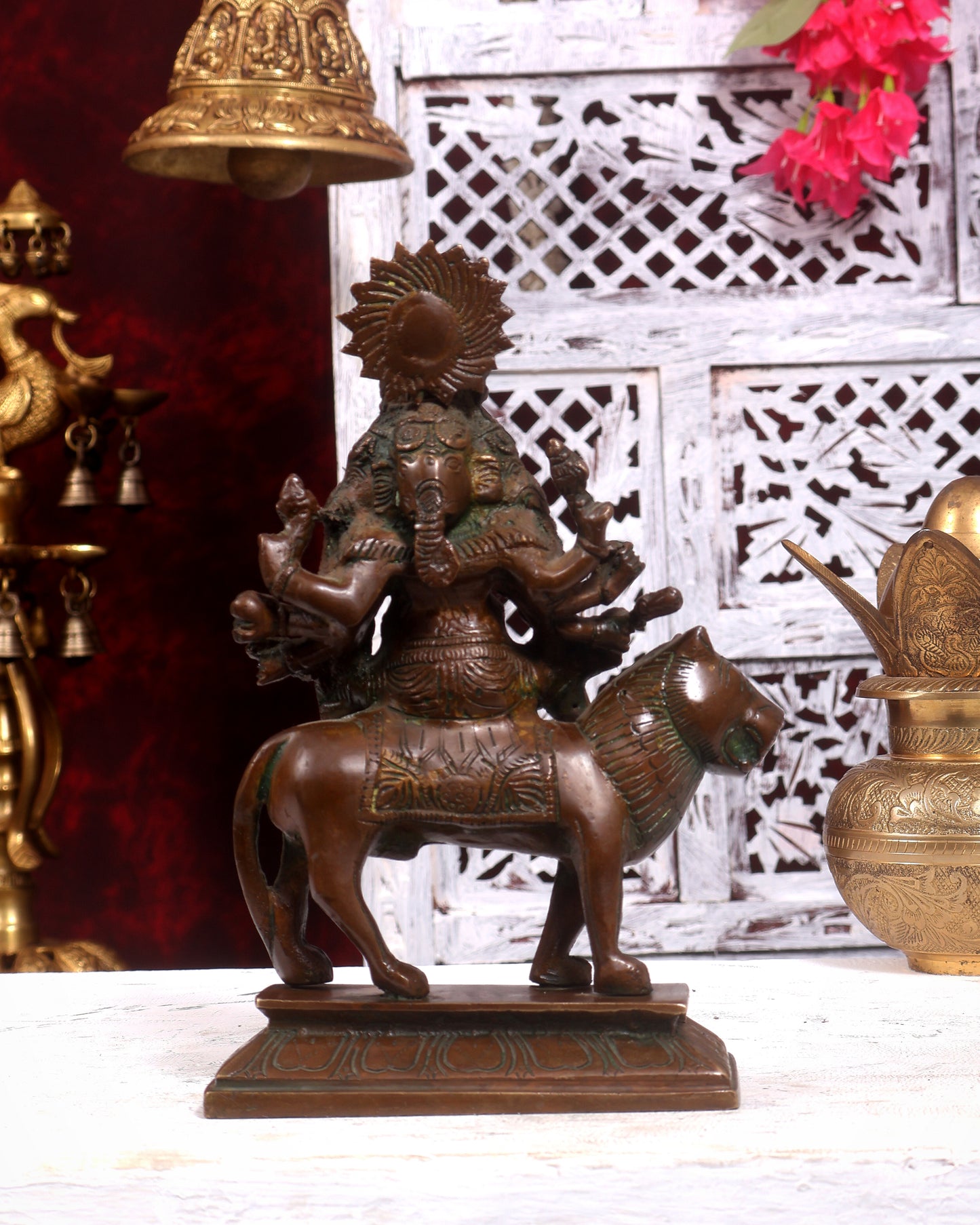 Brass Statue of Panchmukhi Heramba Ganesha - 9" Antique copper tone
