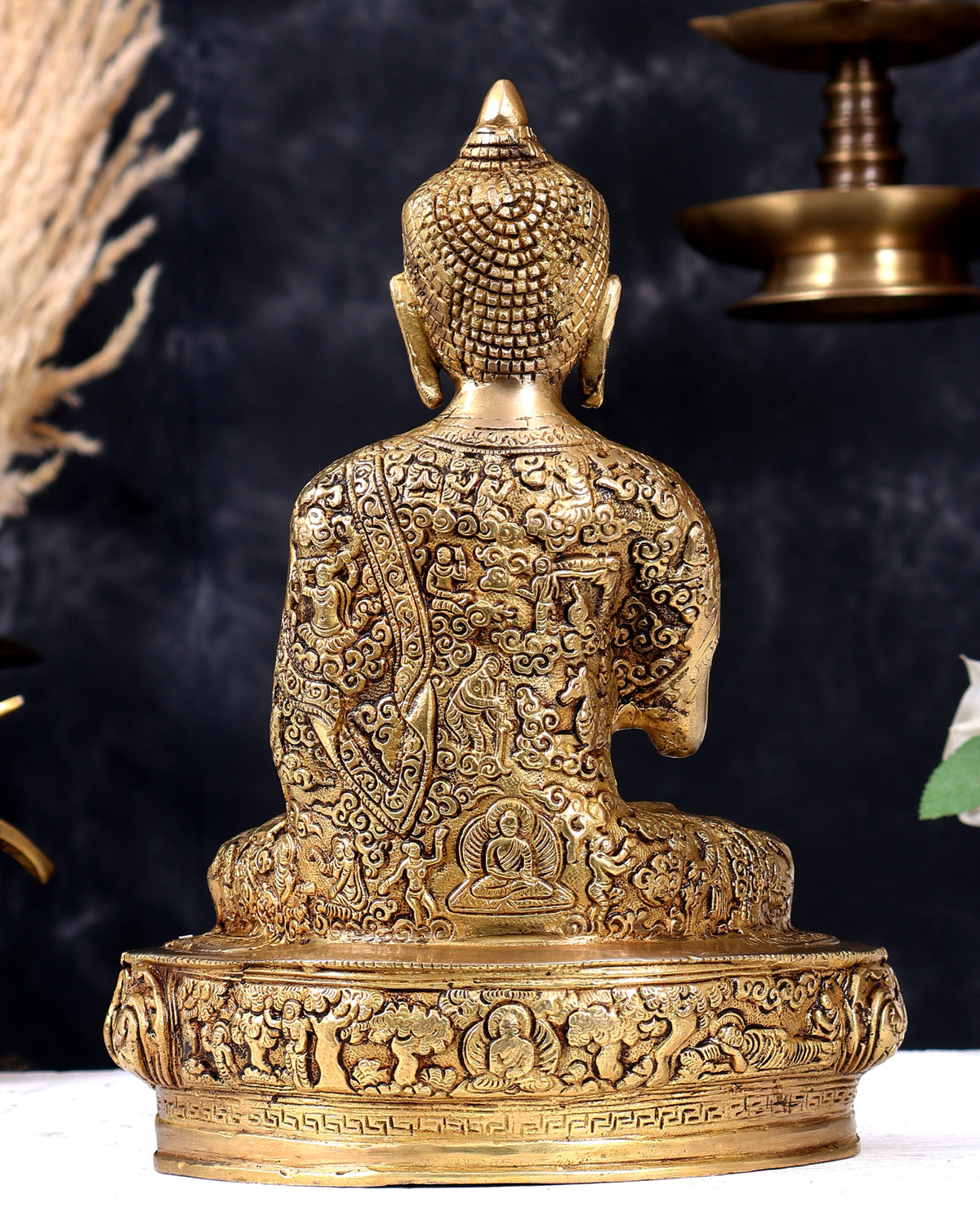 Premium Brass Buddha Statue with Life Story Carvings 10 inch