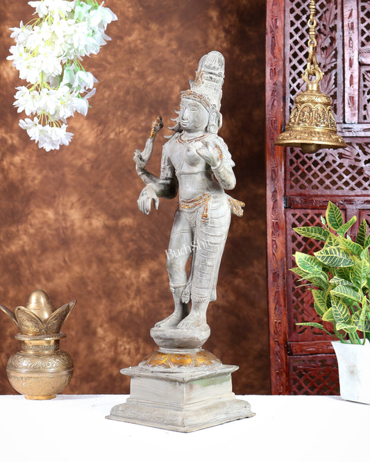 Pure Brass Ardhanarishwara statue sand patina, 20.8