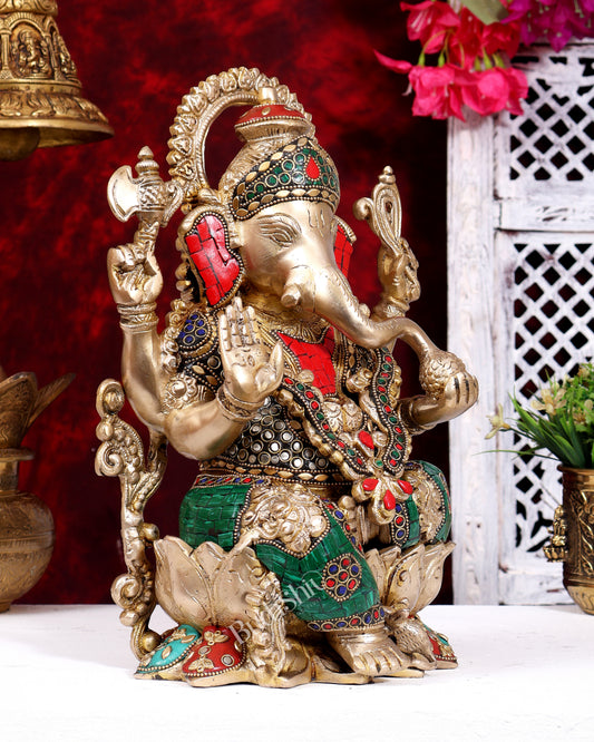 Kamalasana Ganesha Brass idol with stonework 12 inch Ganpati on lotus base