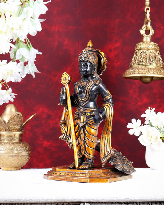 Brass Murugan Swamy with Peacock Idol – Black & Gold Finish Highly Detailed Lord Kartikeya Statue (13 Inch)
