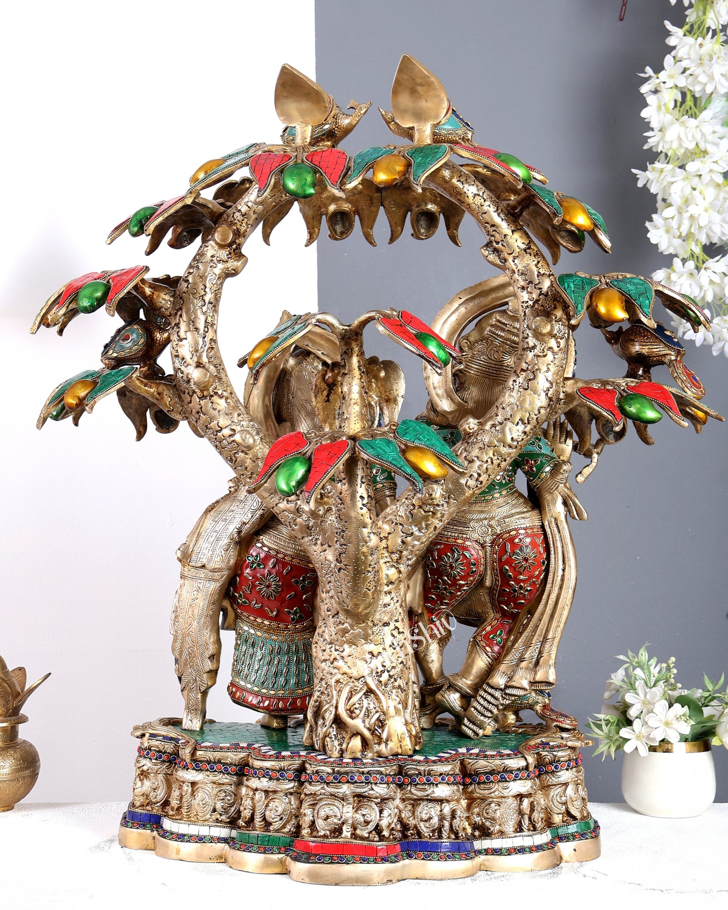 Premium Pure Brass Radha Krishna under Vrindavan Tree with Meenakari Stonework – Grand Handcrafted Temple Sculpture 30 inch tall