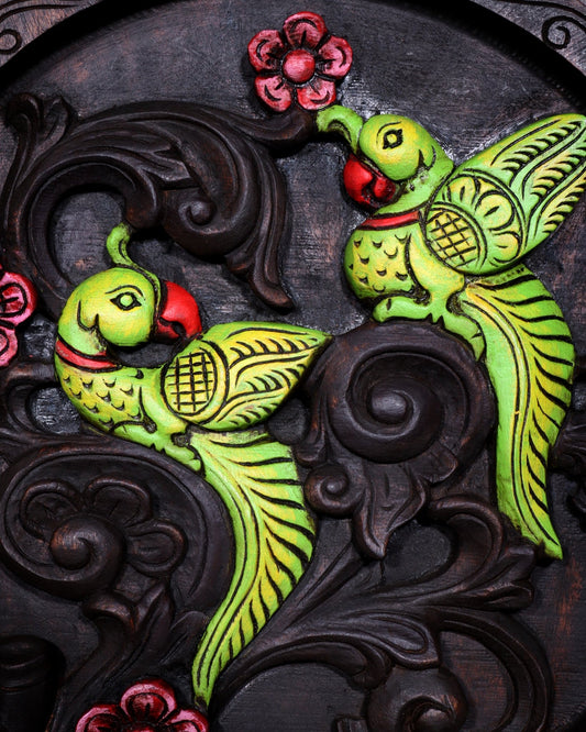 Round Wooden Parrots Wall Hanging – Handcrafted Decorative Wall Art - Budhshiv.com
