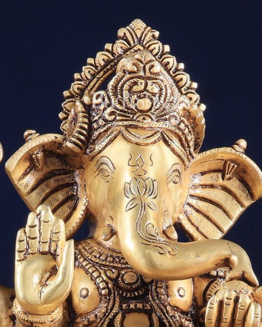 Royal Brass Lord Ganesha on Elephant Heads Aasan – 12.5" x 10" x 9" | Majestic Sculpture - Budhshiv.com