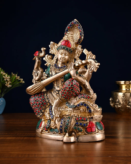 Saraswati brass idol 11 inch stonework - Budhshiv.com
