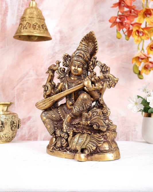 Saraswati brass idol 11 inches burnt brass finish - Budhshiv.com