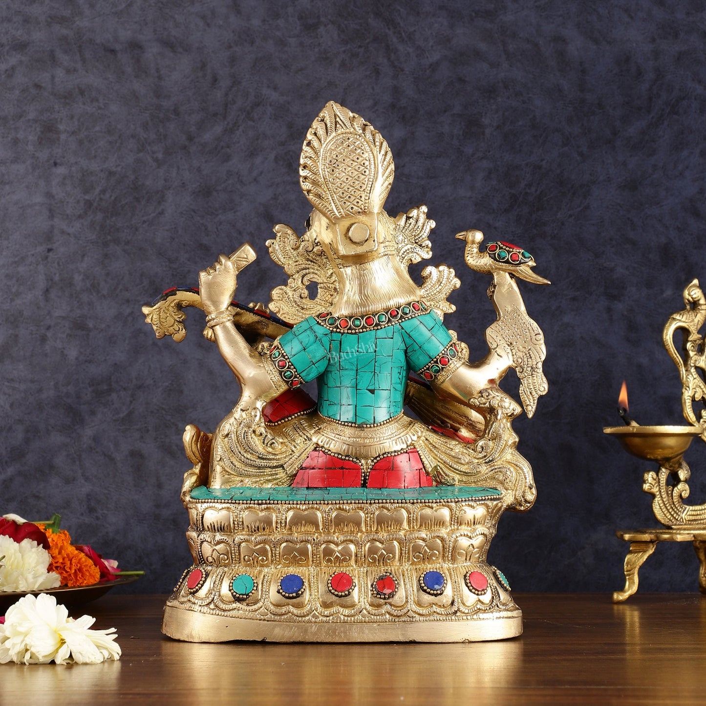 Saraswati brass idol 11 inches multicolour - Budhshiv.com