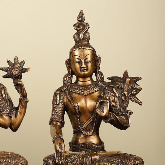 Set of 3 - White Tara, Green Tara and Chenrezig Brass Idols 10.5" - Budhshiv.com