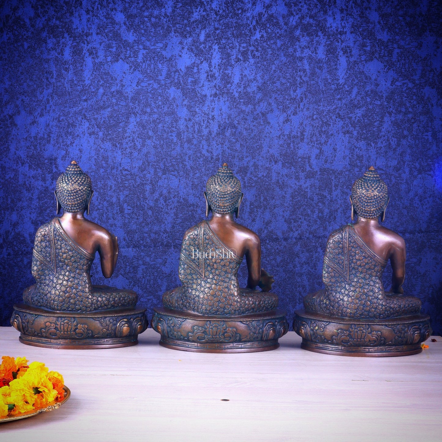 Set of Three Brass Buddha Statues – 13.5" - Budhshiv.com