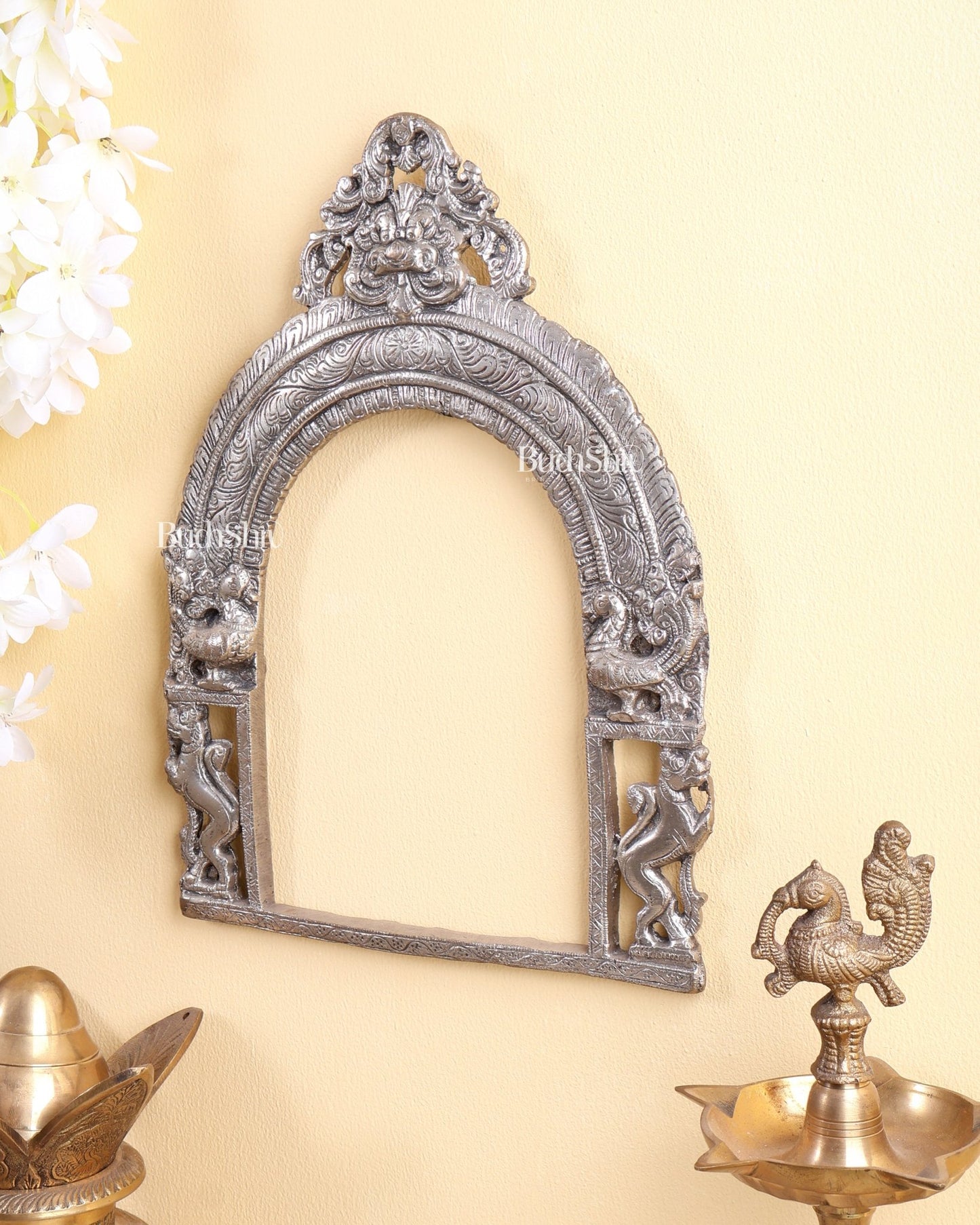 Silver Plated Brass Kirtimukh Prabhavali – 11 Inch Sacred Decorative Arch - Budhshiv.com