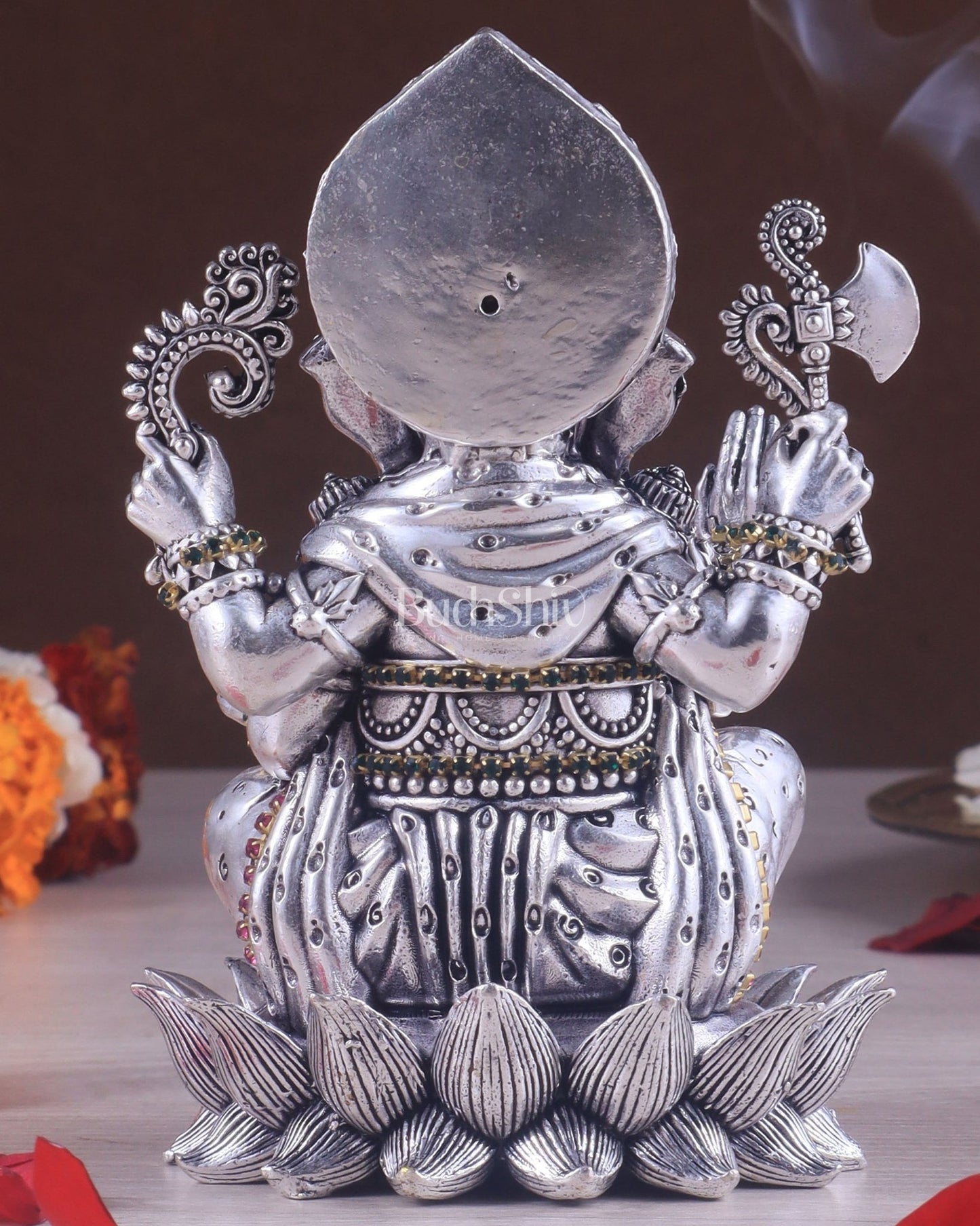 Silver plated Brass Superfine Intricately Carved Small Right trunk Ganesha Idol - 5" Tall - Budhshiv.com