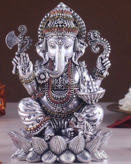 Silver plated Brass Superfine Intricately Carved Small Right trunk Ganesha Idol - 5" Tall - Budhshiv.com