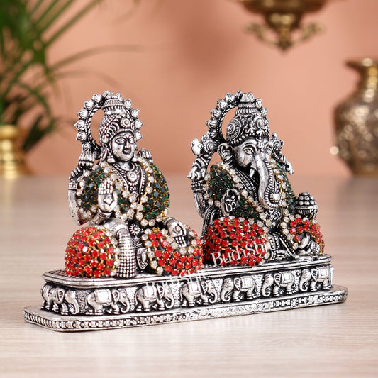 Silver plated Ganesh Lakshmi Brass Idol on Same Base - jewellery work , 3" - Budhshiv.com