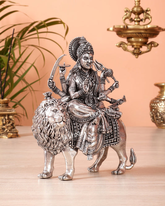 Silver plated Goddess Durga Ambe Mata Sitting on Lion - 8" Tall brass idol - Budhshiv.com