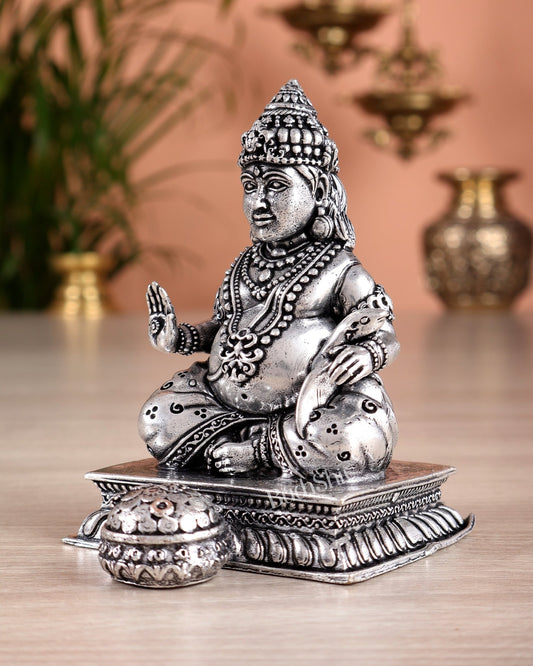 Small Lightweight Brass Lord Kubera Idol silver plated - 3 - inch - Budhshiv.com