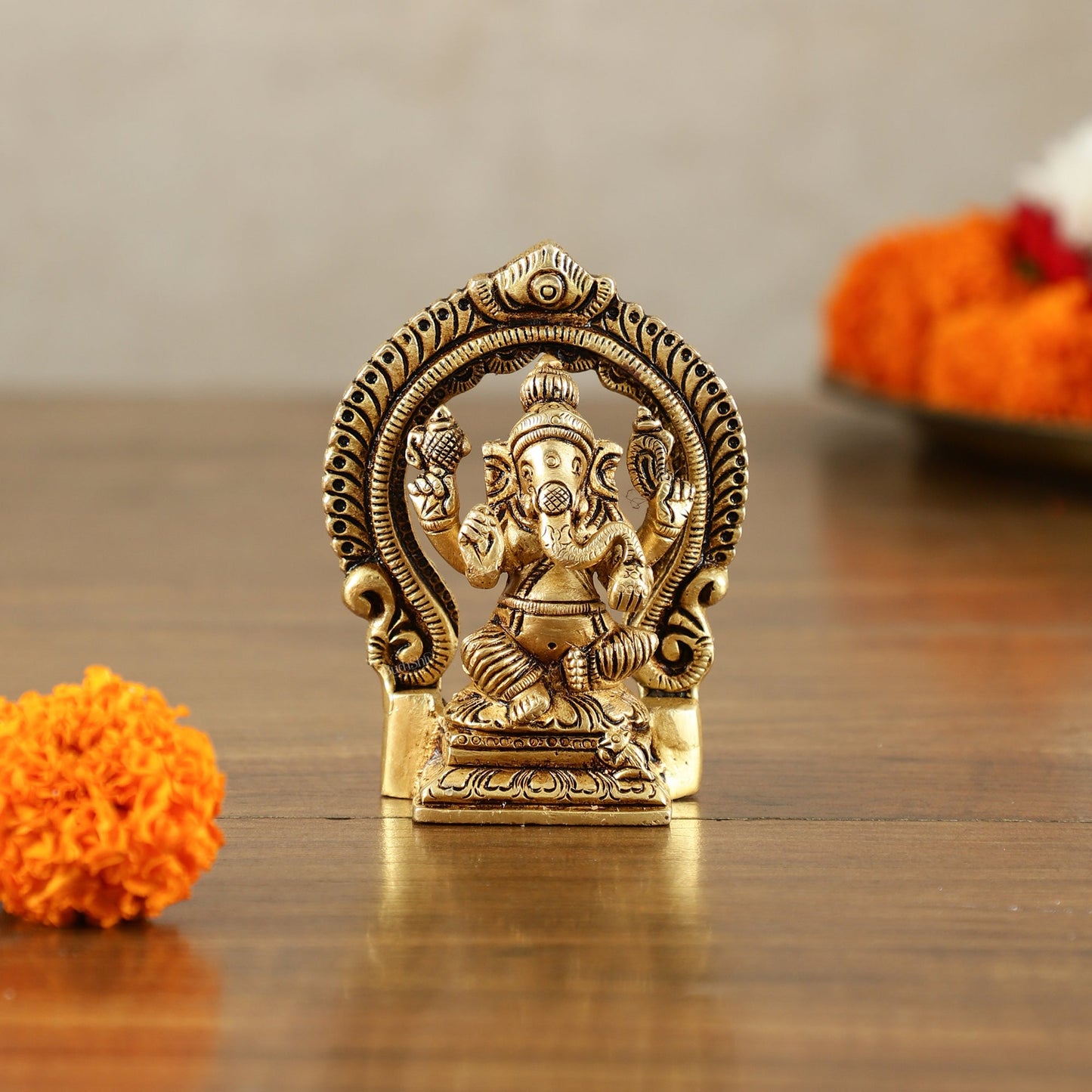 Small Pure Brass Ganesha Lakshmi Saraswati Idols with Prabhavali - 3 Inch - Budhshiv.com