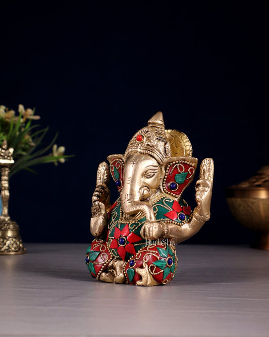Small Pure Brass Lord Ganesha Idol floral Stonework - 5 Inch - Budhshiv.com