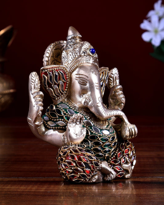 Small Pure Brass Lord Ganesha Idol meenakari - 5 Inch - Budhshiv.com