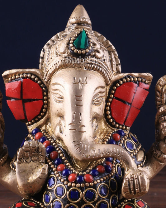 Small Pure Brass Lord Ganesha Idol with Stonework - 5 Inch - Budhshiv.com