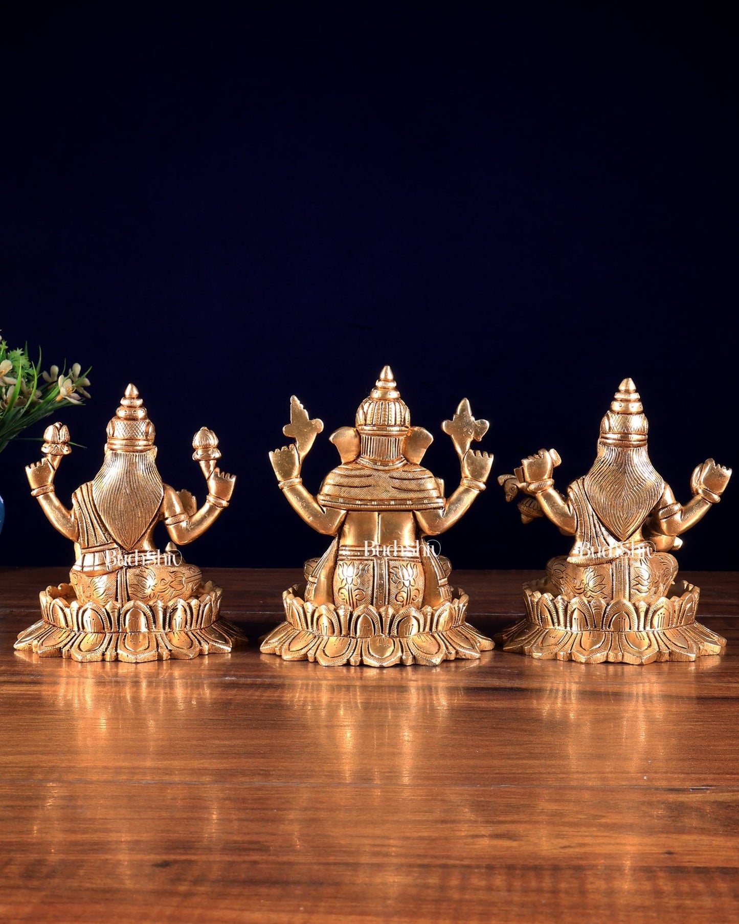 Solid Brass Ganesh Lakshmi Saraswati on Lotus Idols – Perfect for Pooja Rooms 6 inch - Budhshiv.com