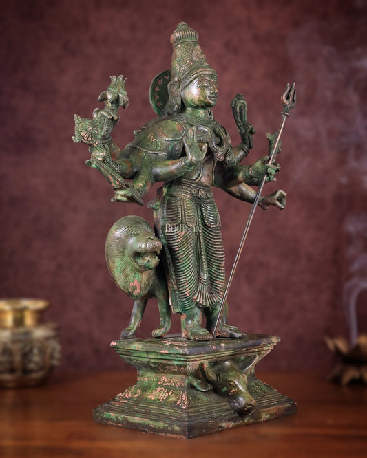 Standing Durga Brass idol with lion 18 inch green - Budhshiv.com