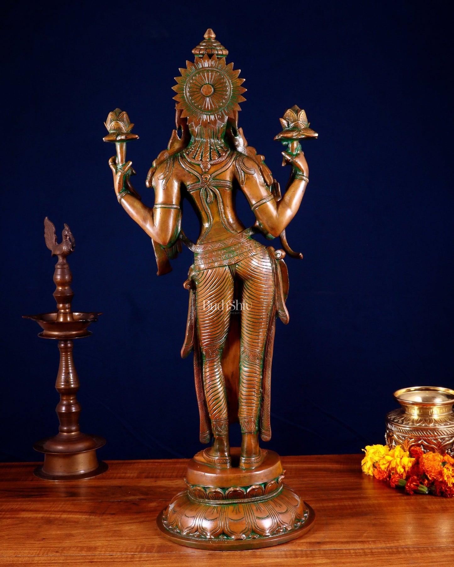 Standing Lakshmi Statue – 24.5” Brass statue with chola bronze layer - Budhshiv.com