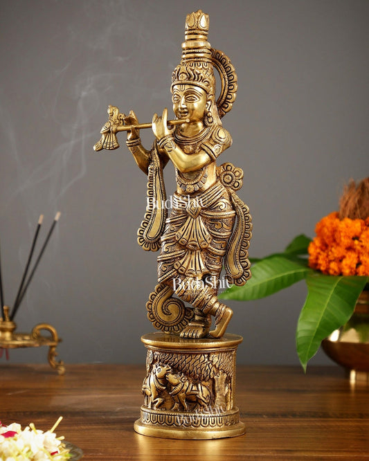 Superfine 15.5 - inch Brass Lord Krishna Statue with Engraved Cow Design Base - Budhshiv.com
