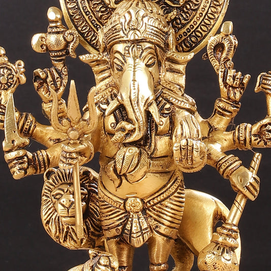Superfine 8 - Inch Brass Kanadrishti Ganesha with Lion Idol - Budhshiv.com