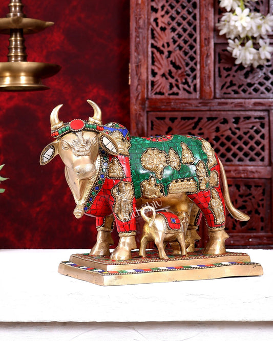 Superfine Brass Engraved Kamdhenu Cow with Calf - Murti 10 inch with stonework - Budhshiv.com