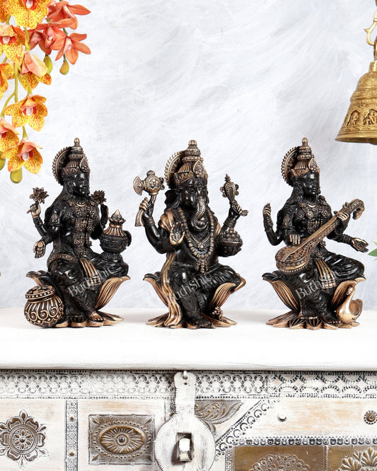 Superfine Brass Ganesh Lakshmi Saraswati Idol Set – 10 Inch black tone - Budhshiv.com