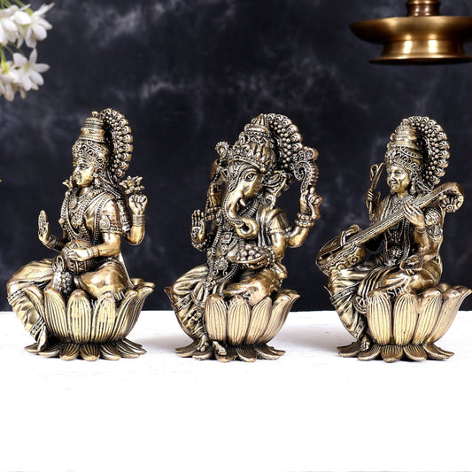 Superfine Brass Ganesh Lakshmi Saraswati Idols - 6" Tall, Set of 3 - Budhshiv.com