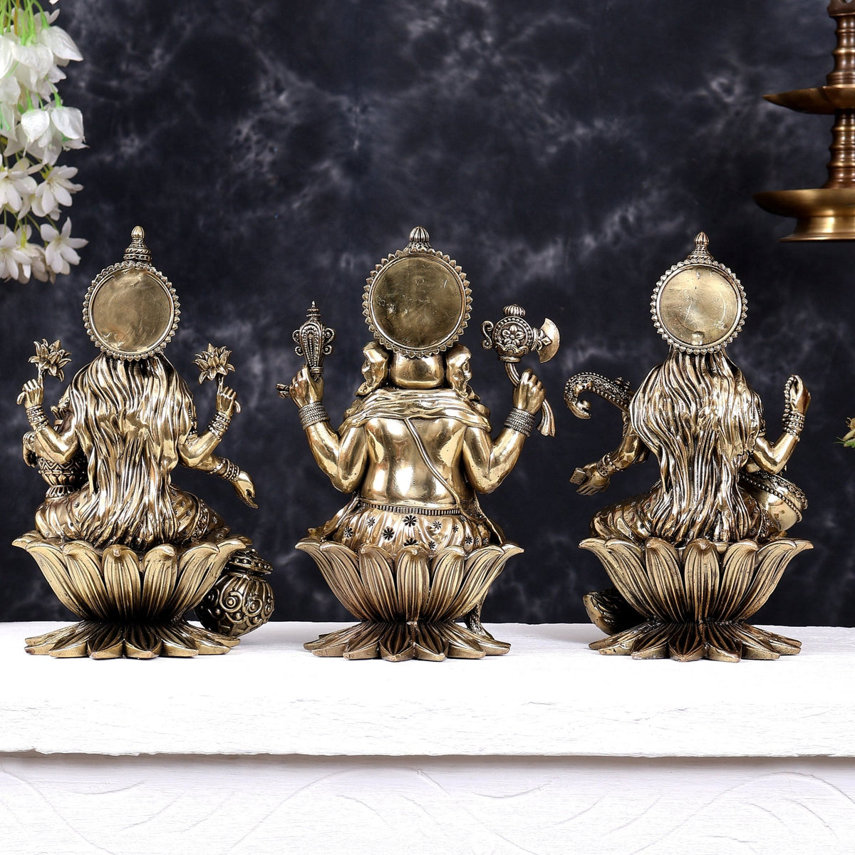 Superfine Brass Ganesh Lakshmi Saraswati on lotus Idol Set – 10 Inch - Budhshiv.com