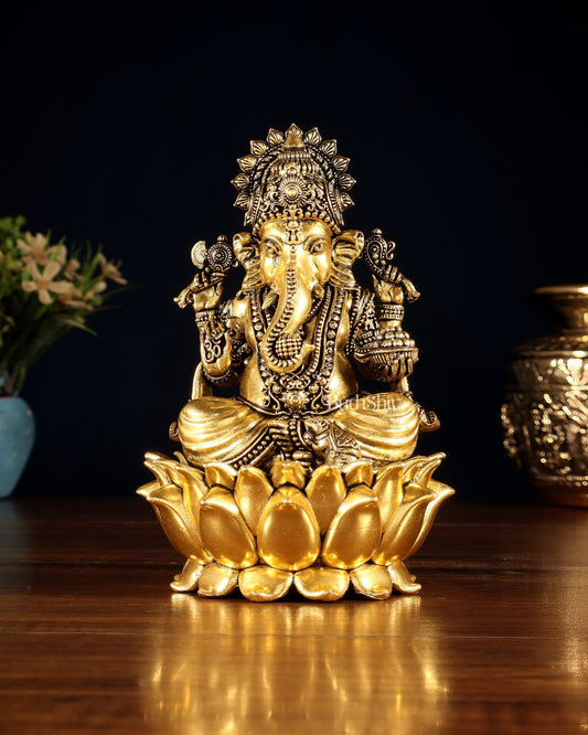 Superfine Brass Ganesh Lakshmi Saraswati Set | 6" (15.24 cm) Lotus Idols – Gold Finish - Budhshiv.com
