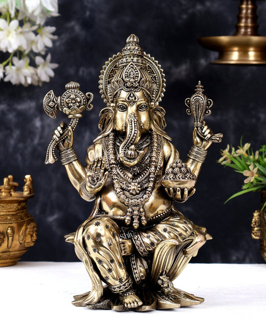 Superfine Brass Ganesha Lakshmi Idol on lotus Set – 10 Inch - Budhshiv.com