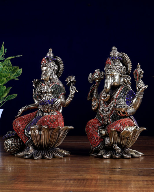 Superfine Brass Ganesha Lakshmi Idol Set – 10 Inch jewellery work - Budhshiv.com