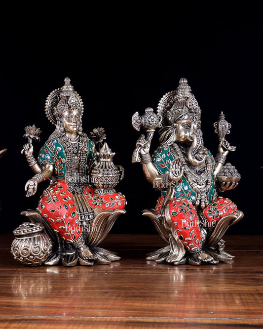 Superfine Brass Ganesha Lakshmi Idol Set – 10 Inch meenakari work - Budhshiv.com
