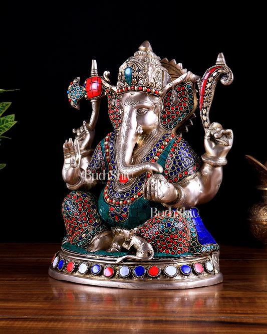 Superfine Brass Ganesha Statue - 12" with stonework - Budhshiv.com