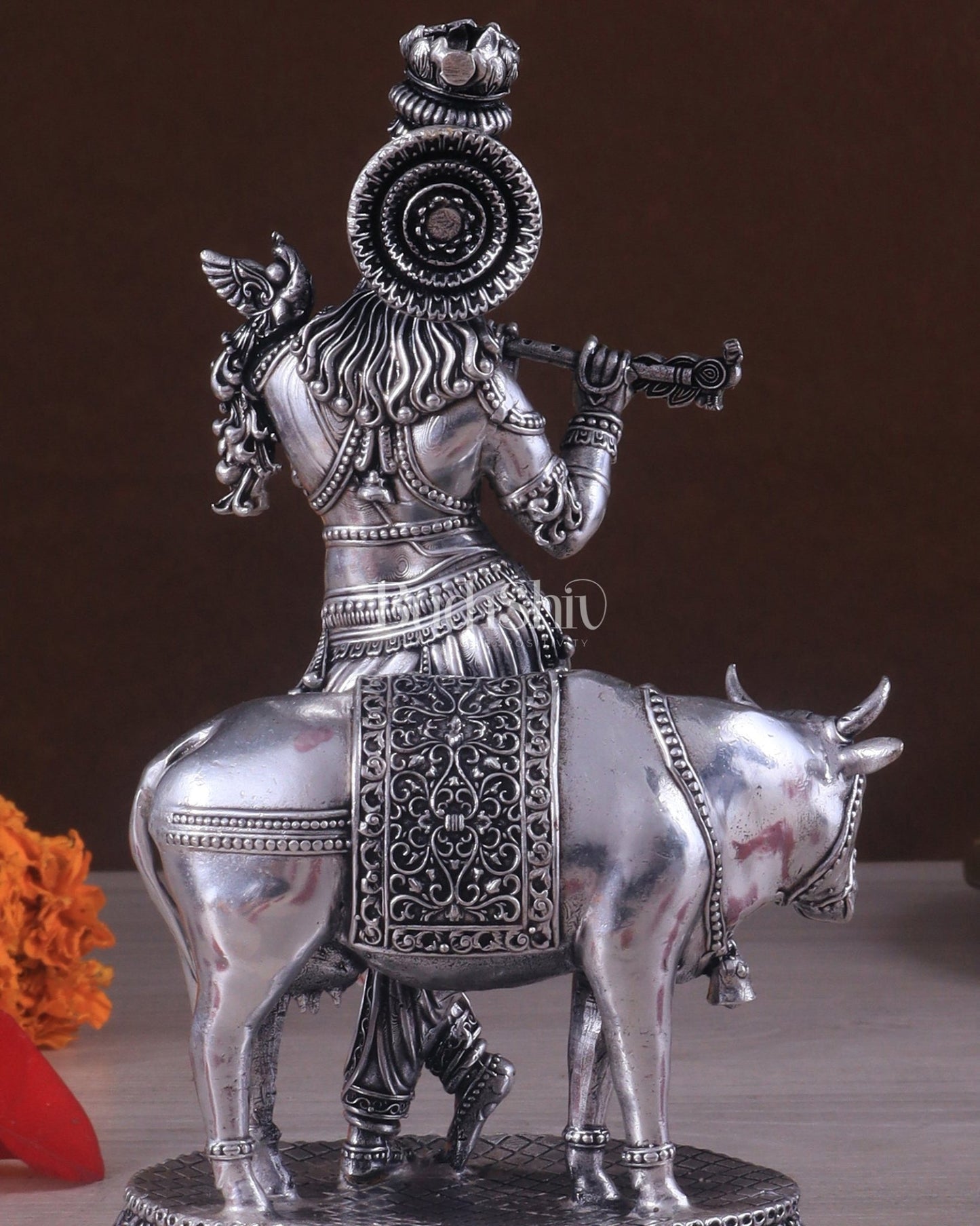 Superfine Brass Intricate Krishna with Cow idol - 7" silver plated - Budhshiv.com