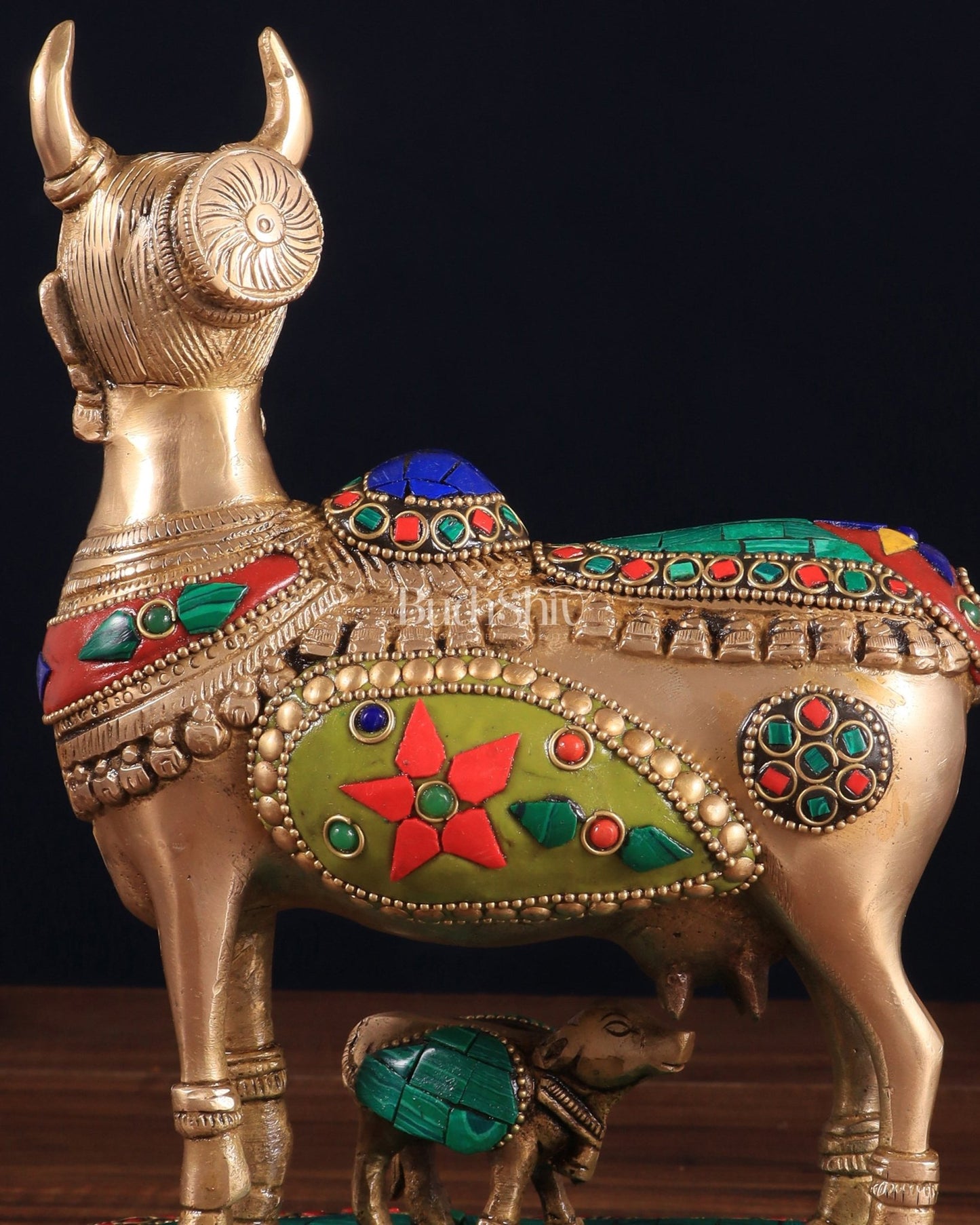 Superfine Brass Kamadhenu Cow with Calf Idol | Height 8.5 inch with stonework - Budhshiv.com