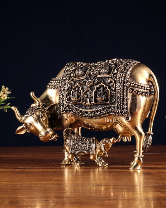 Superfine Brass Kamdhenu Cow with Calf – With Ashtalakshmi Engravings 9" - Budhshiv.com