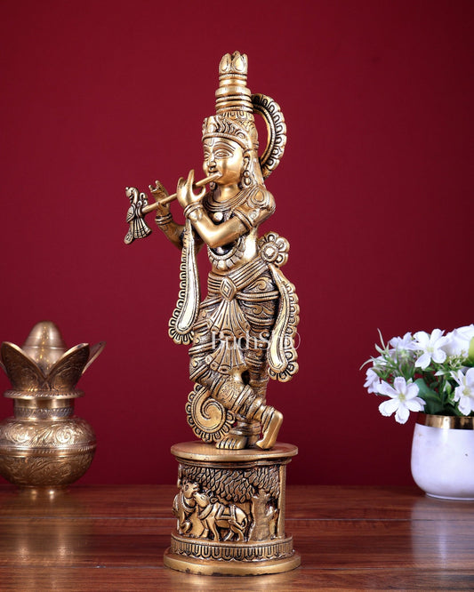 Superfine Brass Krishna Statue Cow on base 15.5 inch - Budhshiv.com
