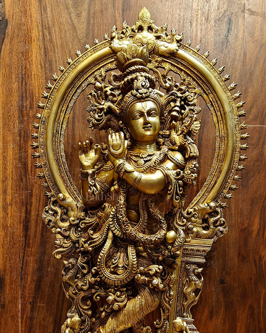 Superfine Brass Krishna Statue | Embossed Prabhaval 32" - Budhshiv.com