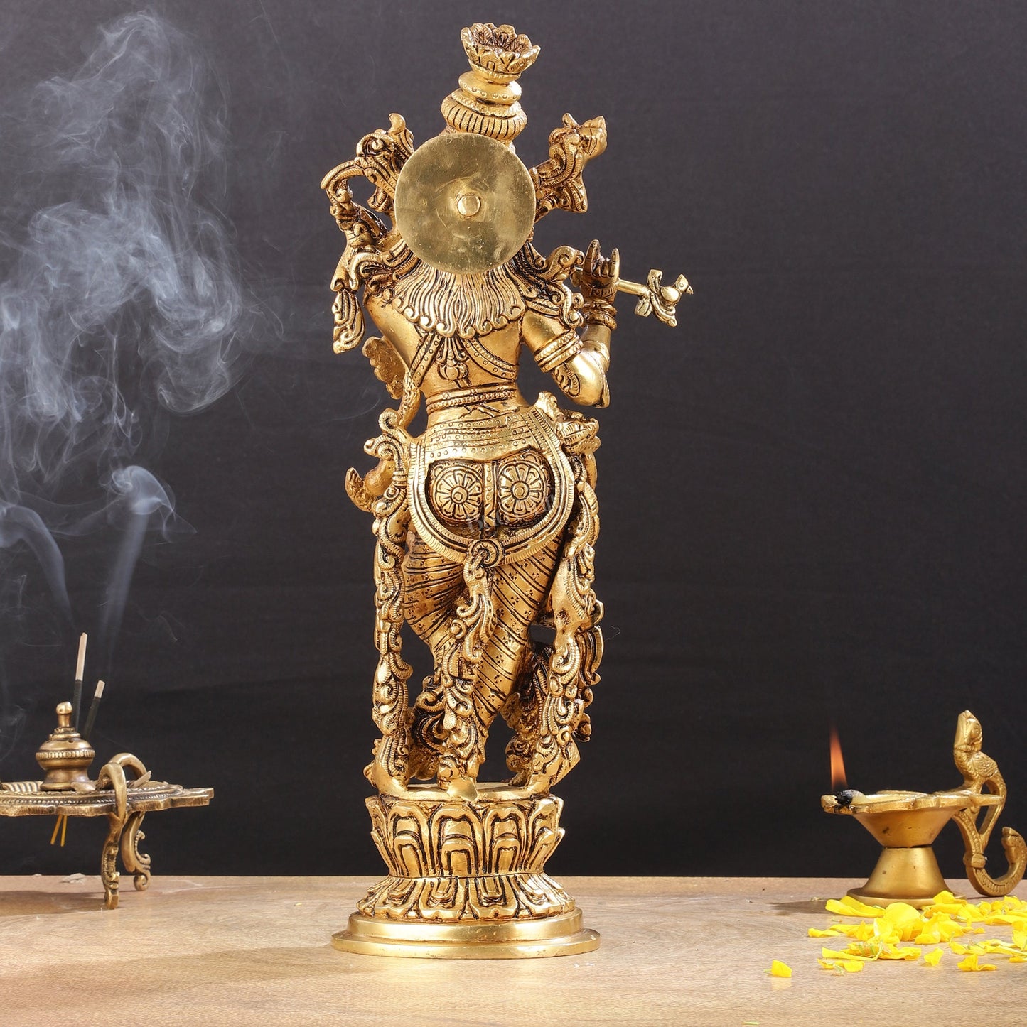 Superfine Brass Lord Krishna Idol with Enhanced Carvings - 14 inch - Budhshiv.com