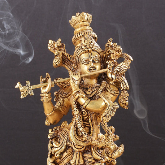 Superfine Brass Lord Krishna Idol with Enhanced Carvings - 14 inch - Budhshiv.com