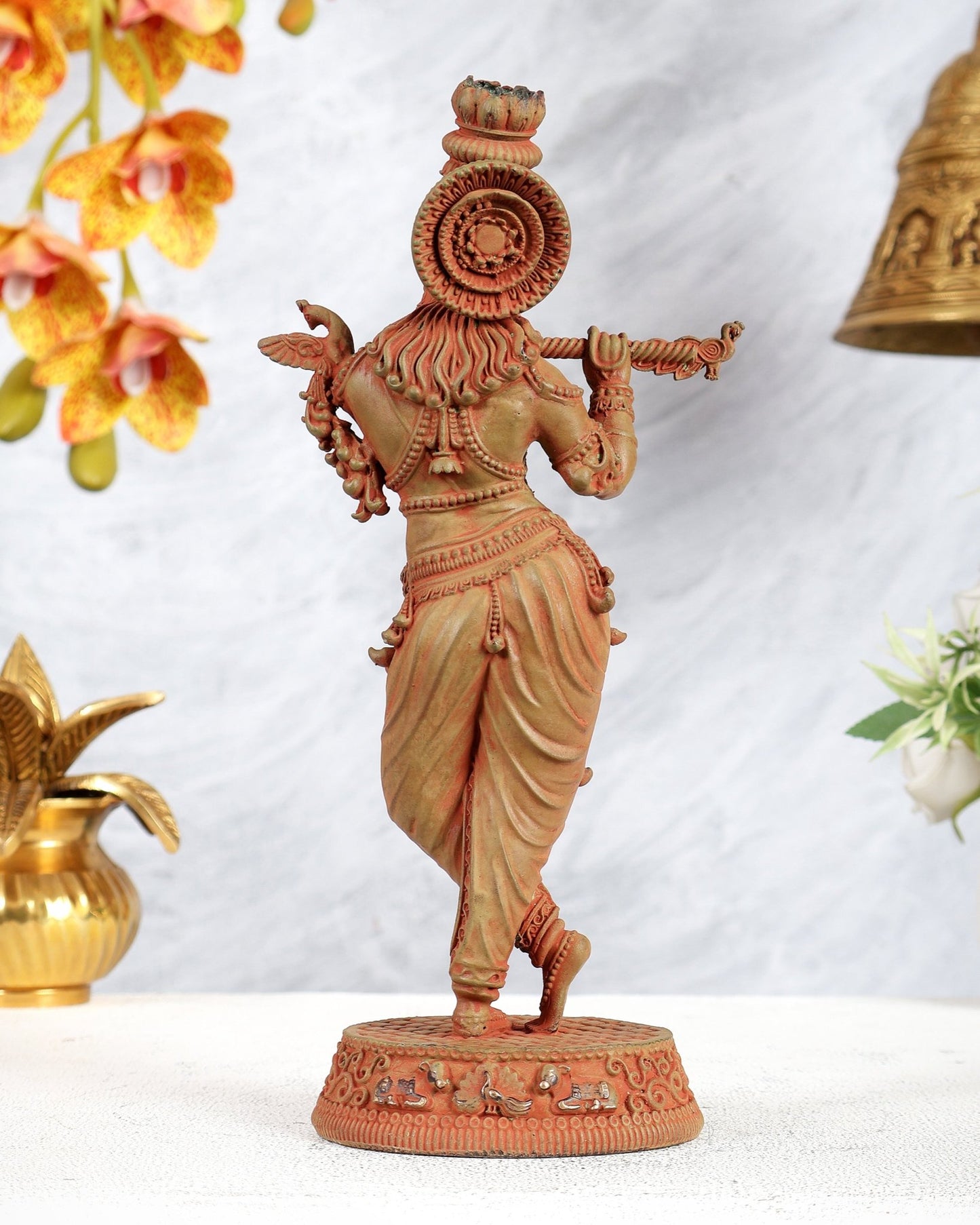 Superfine Brass Lord Krishna Intricate Idol 10 inch green patina sand tone - Budhshiv.com