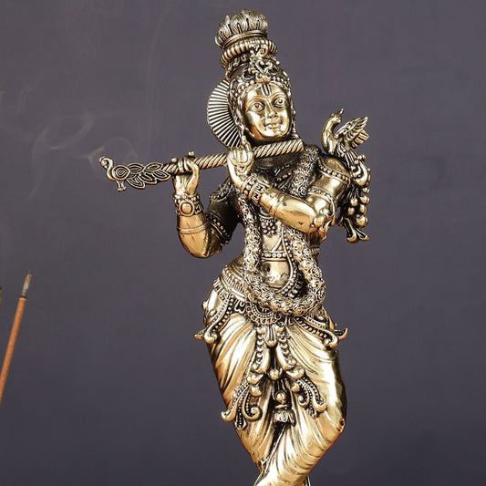 Superfine Brass Lord Krishna Intricate Idol 10" sharp - Budhshiv.com
