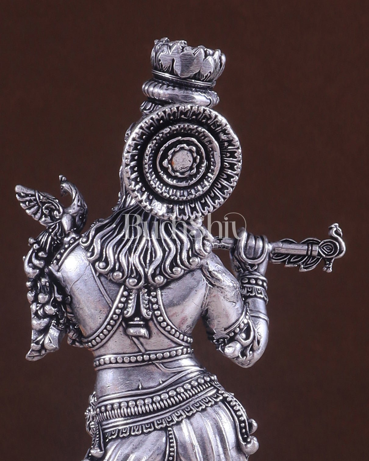 Superfine Brass Lord Krishna Intricate Idol 10" silver plated - Budhshiv.com